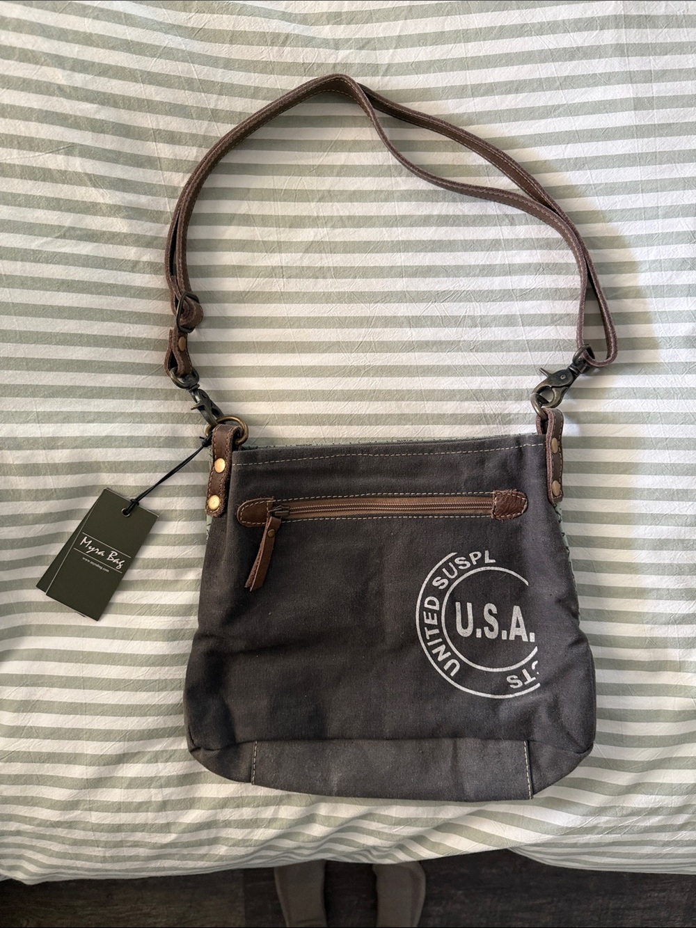 Myra Bag Brown Canvas Messenger with USA Graphic - NWT